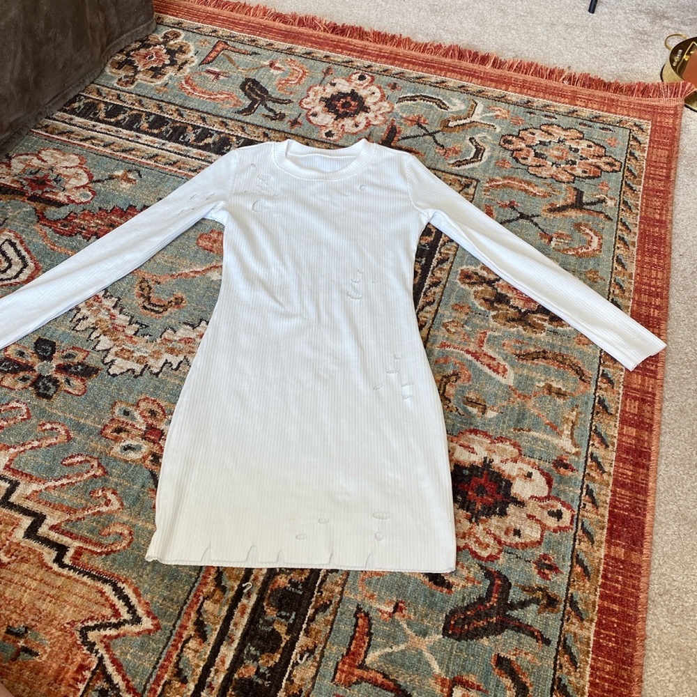 White destroyed long sleeve dress with holes throughout size small